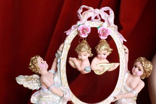 9227 Musical Baroque Hand Painted Vivid pink Roses Cherubs Earrings Studs