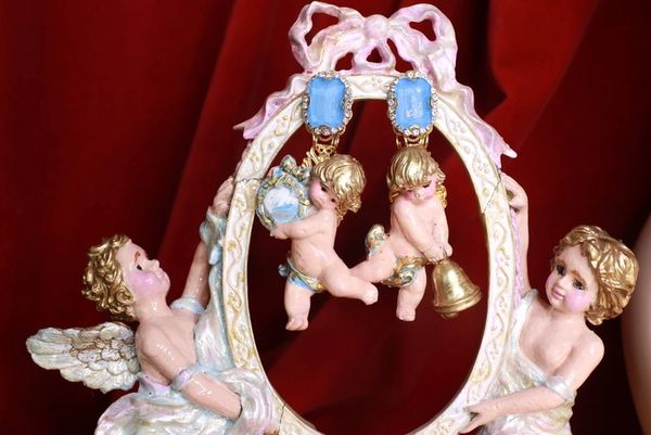 9228 Musical Baroque Hand Painted Vivid pink Roses Cherubs Earrings Studs
