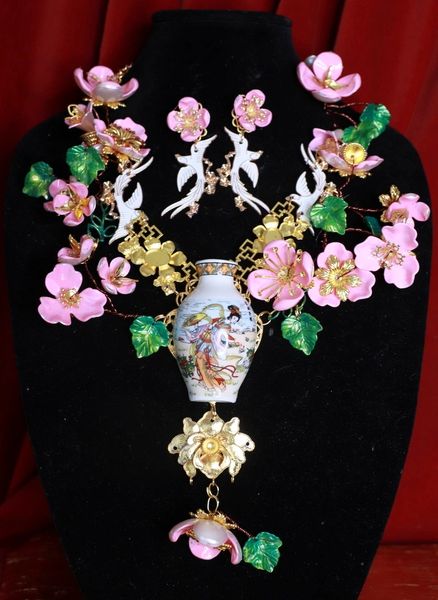 SOLD! 9235 Set Of Japanese Revival Sakura Hand Painted Necklace+ Earrings