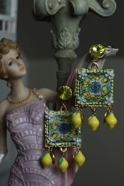 SOLD! 1049 Sicilian Tile Print Lemon Stunning Studs Earrings