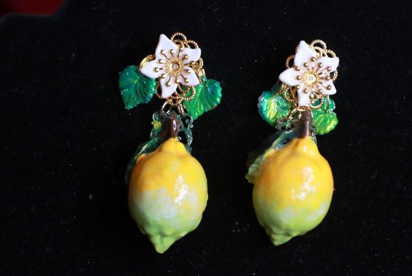 SOLD! 9290 Baroque Realistic Italian Leaf Lemon Fruit Studs Earrings