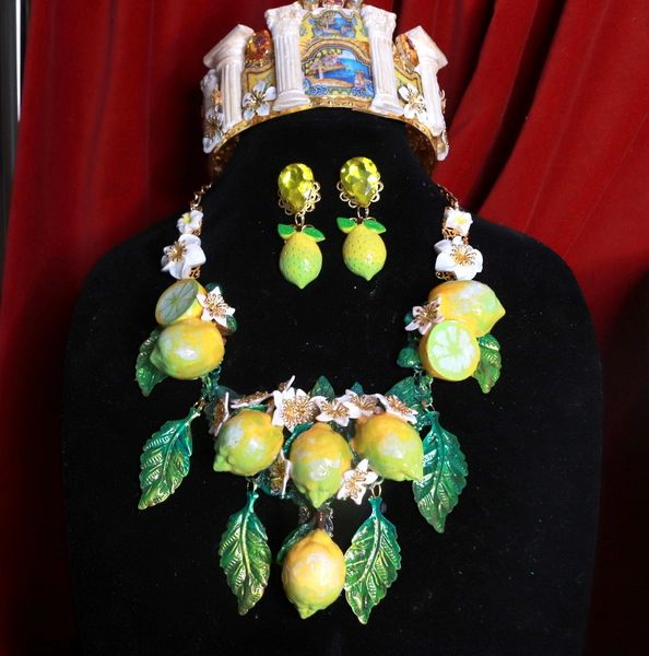 SOLD! 9292 Set Of Baroque 3D Effect Lemon Fruit Statement Necklace+ Earrings