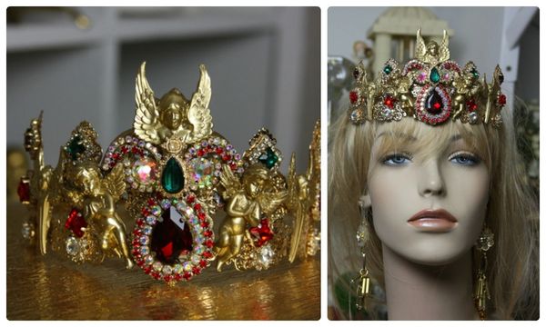 SOLD!1056 Unisex Gold Art Nouveau Goddess Red Crystal Cherub Unusual Crown Tiara