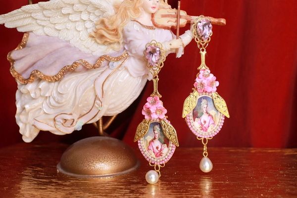 SOLD! 9310 Marie Antoinette Pink Long Cameo Studs Earrings