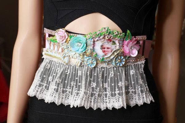 9313 Victorian Marie Antoinette Hand Painted Carriage Embellished Waist Gold Belt Size S, L, M