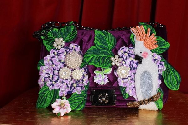 9322 Baroque Velvet Vacation Parrot Hydrangea Embellished Handbag