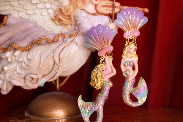 SOLD! 9328 Nautical Faced Mermaids Hand Painted Pearlish Earrings