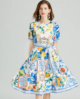 9346 Baroque Colorful Print Color Runway 2022 Dress