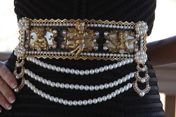 SOLD! 1059 Zibellini Baroque Gold Cherubs Pearl Chained Crystal Belt S, M, L, XL