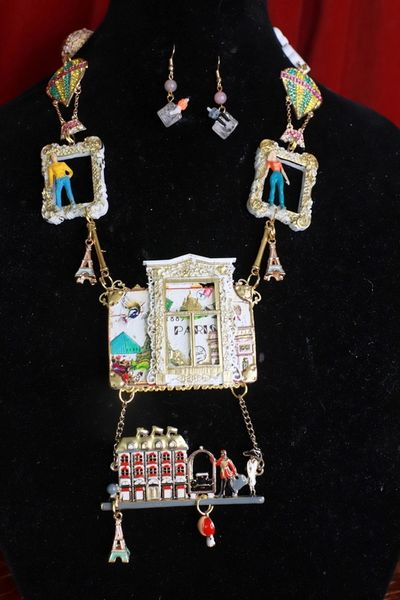 SOLD! 9355 Cartoonish Set Of Paris Lovers Windows Necklace+ Earrings