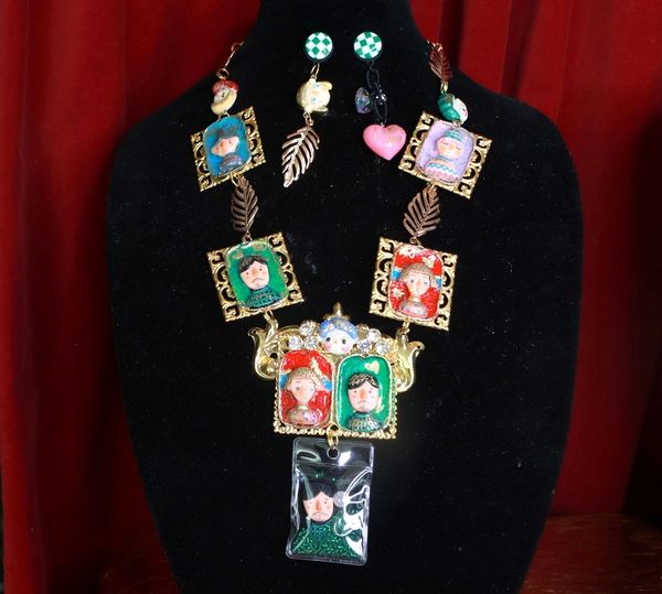 SOLD! 9356 Cartoonish Set Of Family Tree Portraits Funny Necklace+ Earrings