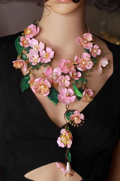 SOLD! 9357 Set Of Sakura blossom Hand Painted Massive Necklace+ Earrings