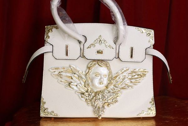 9369Baroque Kelly White Pearlish Cherub Embellished Handbag