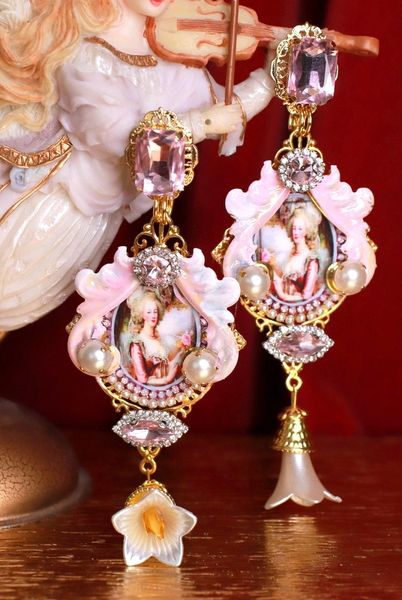 SOLD! 9348 Marie Antoinette Pink Studs Pearl Long Earrings