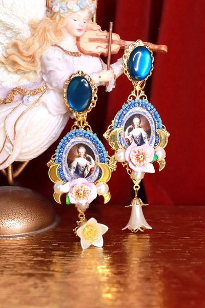 SOLD! 9349 Marie Antoinette Blue Studs Pearl Long Earrings