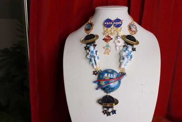 SOLD! 9354 Set Of Celestial NASA Astronauts Iridescent Necklace+ Earrings