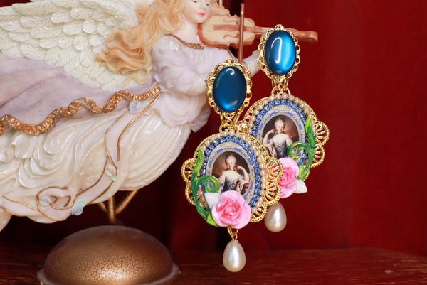 SOLD! 9359 Marie Antoinette Blue Studs Pearl Earrings
