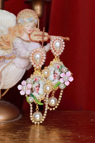 9360 Marie Antoinette Pink flower Studs Pearl Earrings
