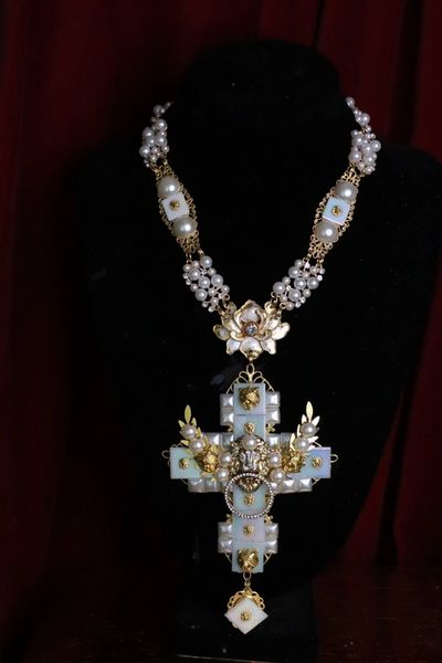 9364 Iridescent Cross Lion Tigers Baroque Massive Necklace
