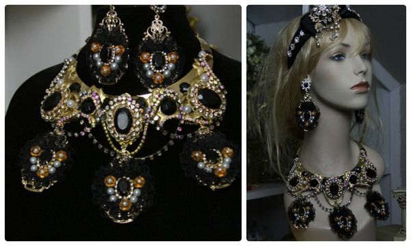 1062 SET Earrings +Runway Designer Inspired Black Crystal Pearl Lace Statement Necklace