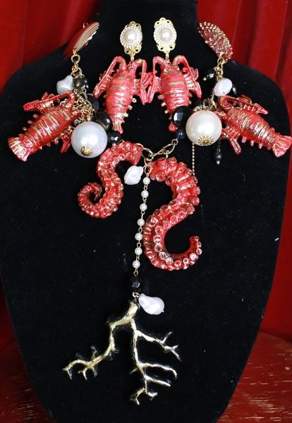 SOLD! 9379 Set Of Nautical Lobster Octopus Baroque Necklace+ Earrings