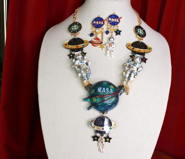 SOLD! 9381 Set Of Celestial NASA Astronauts Iridescent Necklace+ Earrings