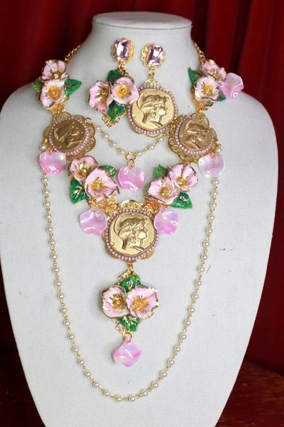 SOLD! 9382 Set Of Baroque Roman coin Lily Calla Necklace+ Earrings