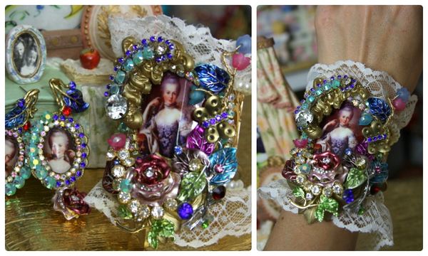 SOLD! 1063 SET Enamel Earrings + Victorian Marie Antoinette Massive 3D Enamel Flower Cuff Bracelet Bangle