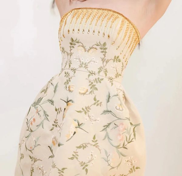 9396 Baroque Bird Embroidery 2022 Off Shoulder Midi Dress Size US2
