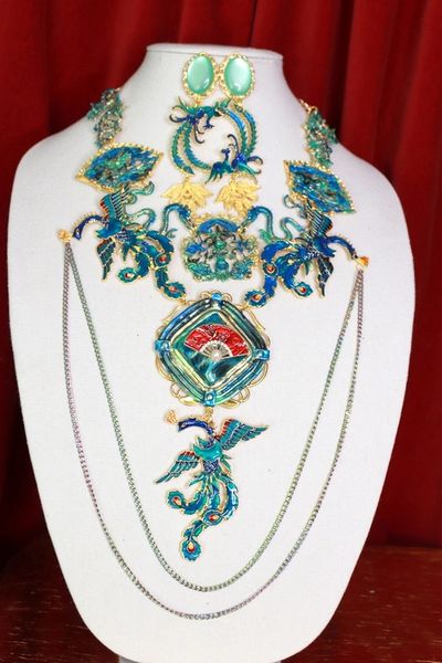 SOLD! 9401 Set Of Asian Revival Peacock Necklace+ Earrings