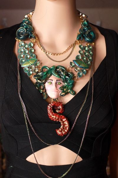 SOLD! 9404 Art Jewelry Medusa Gorgon Genuine Topaz Gemstones Necklace