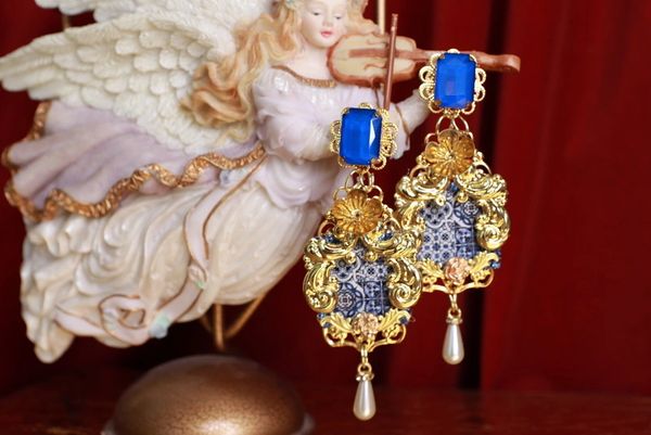 SOLD! 9410 Baroque Italian Tile Print Blue Crystal Earrings