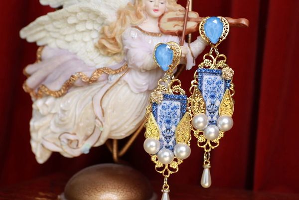 9411 Baroque Italian Tile Print Blue Crystal Earrings
