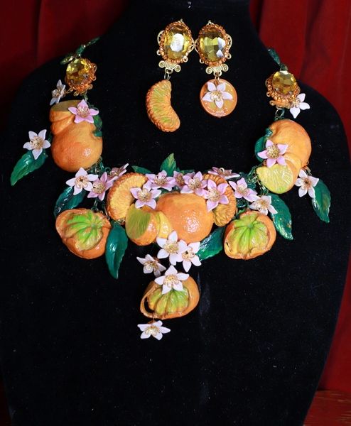 9412 Set Of Baroque 3D Effect Orange Fruit Statement Necklace+ Earrings