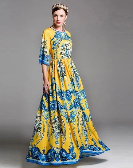 8829 Baroque Floral Print Yellow Maxi Dress US4-6