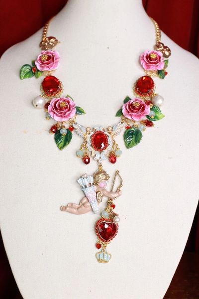 SOLD! 9426 Baroque Cupid Cherub Roses Massive Necklace