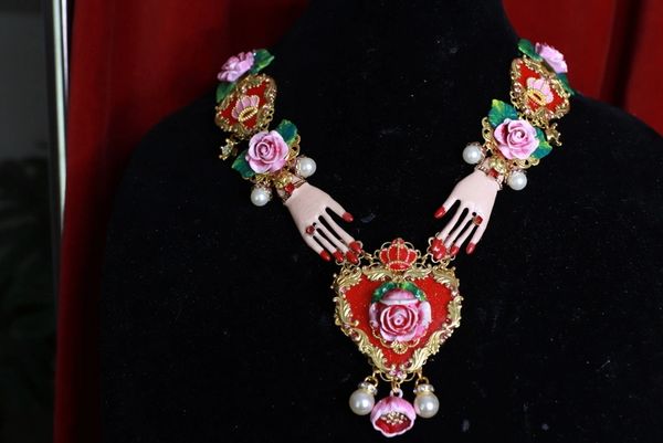 9429 Baroque Black Sacred Hearts Hands Roses Massive Necklace