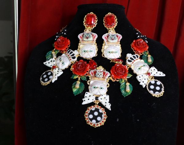 9431 Set Of Baroque Enamel Cats Red Rhinestone Sicilian Necklace+ Earrings