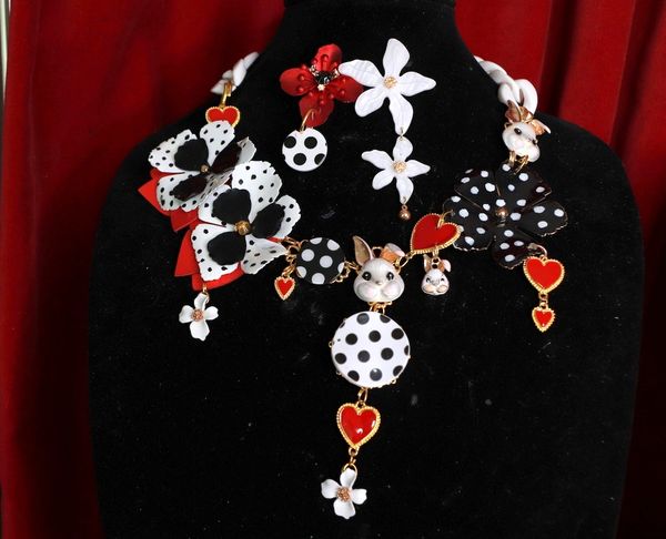 9432 Set Of Polka Dot Trendy Massive Flowers Enamel Bunny Necklace+ Earrings