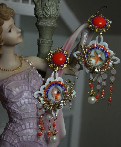 SOLD! 1065 Victorian Cameo Nautica Coral Crystal Dangle Earrings