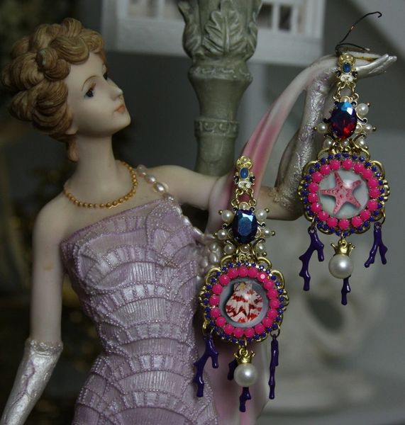 SOLD! 1066 Victorian Cameo Nautica Coral Pink Purple Crystal Dangle Earrings
