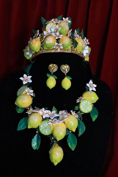 9453 Set Of Baroque 3D Effect Lemon Fruit Statement Necklace+ Earrings