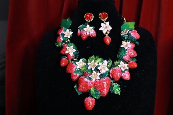 9458 Set Of Art Nouveau Vivid Hand Painted Strawberry Massive Necklace+ Earrings