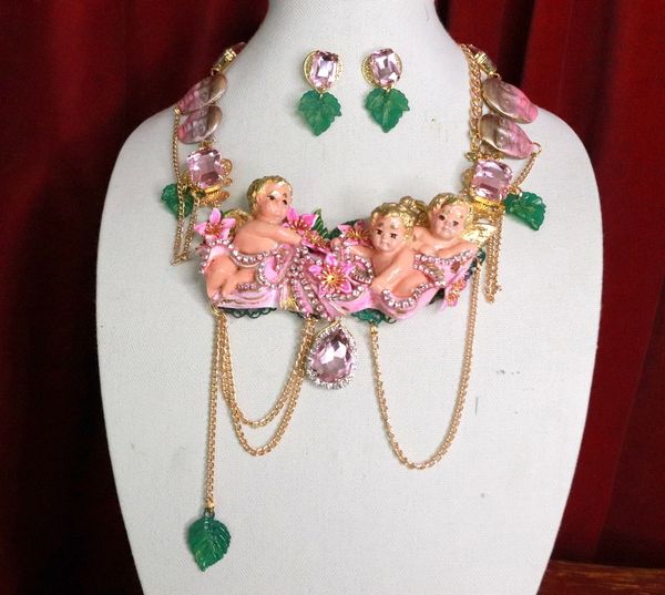 SOLD! 9464 Set Of Cherubs Pink Flowers Necklace+ Earrings