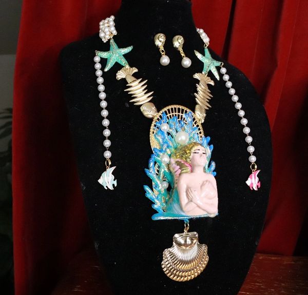 SOLD! 9471 Set Of Nautical 3D Mermaid Pearl Necklace+ Earrings