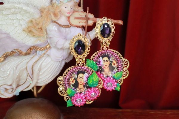 SOLD! 9474 Frida Kahlo Fuchsia Earrings Studs