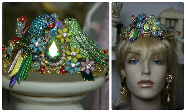 SOLD! 1070 Art Nouveau Enamel Embellishment Parrot's Birdcage Rhinestone Headband Tiara