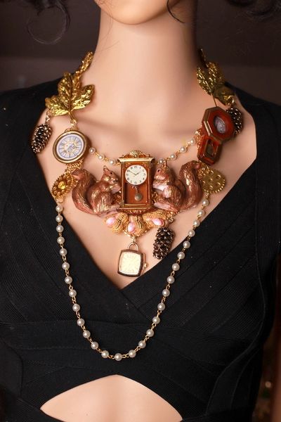 SOLD! 9489 Set Of Art Jewelry 3D Effect Squirrel Clock Oak Necklace+ Earrings