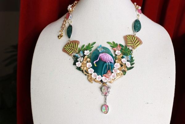 SOLD! 9496 Genuine Agate Hand Painted Flamingo Necklace