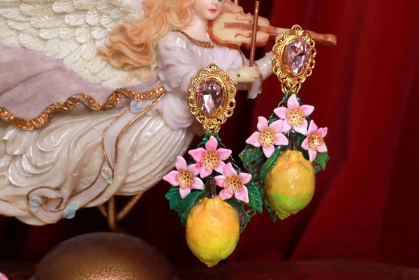SOLD! 9530 Baroque Large Lemon Fruit Flower Blossom Pink Earrings